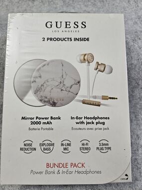 GUESS White Marble Mirror Power Bank with Gold-Trim In-Ear Headphones